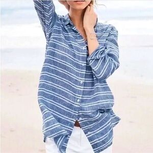 New Garnet Hill Easy Linen Tunic Button Up Shirt Blue Coast Stripe Petite